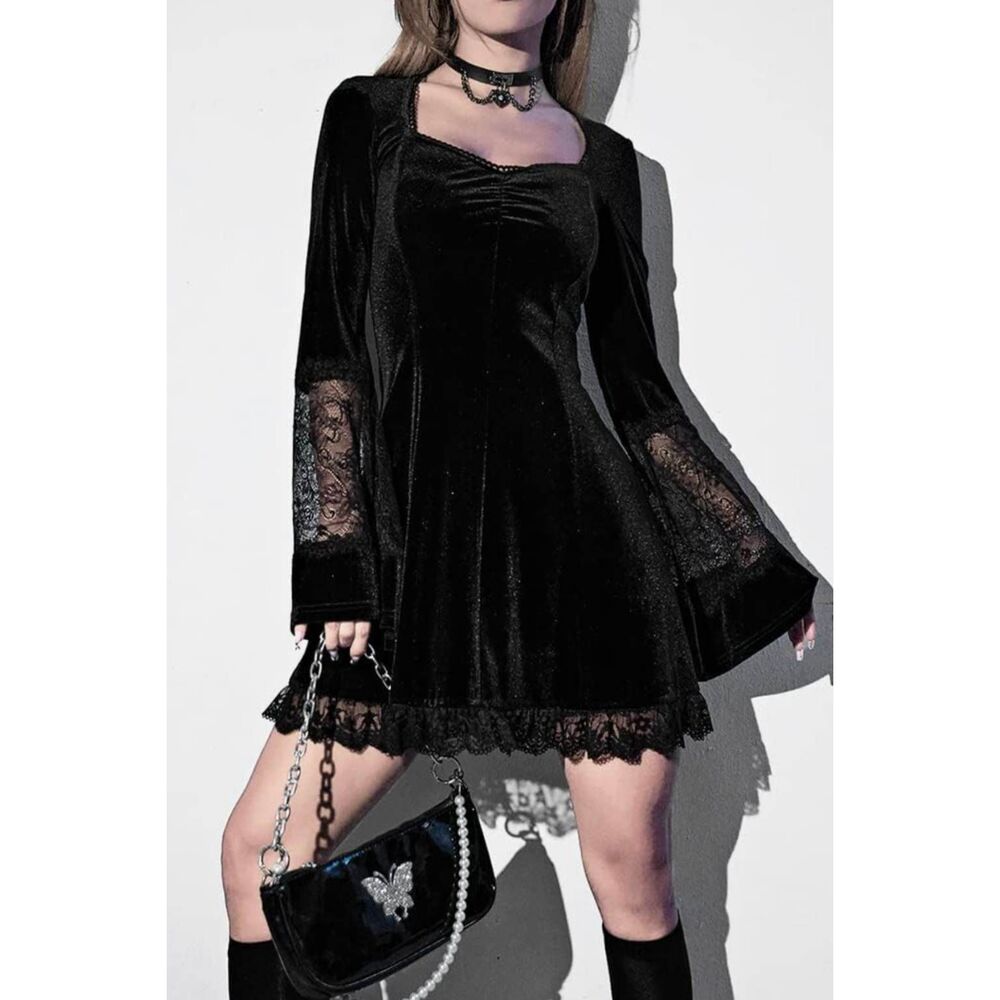 Black Velour Velvet Whimsygoth Goth Punk Grunge Alt Alternative Mini Dress